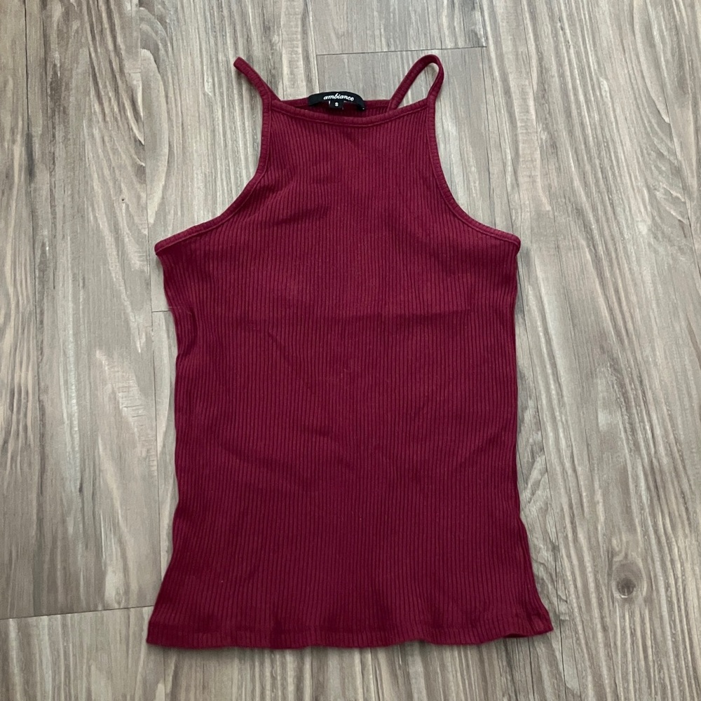 Ribbed sleeveless halter racer back top in dark red burgundy wine color